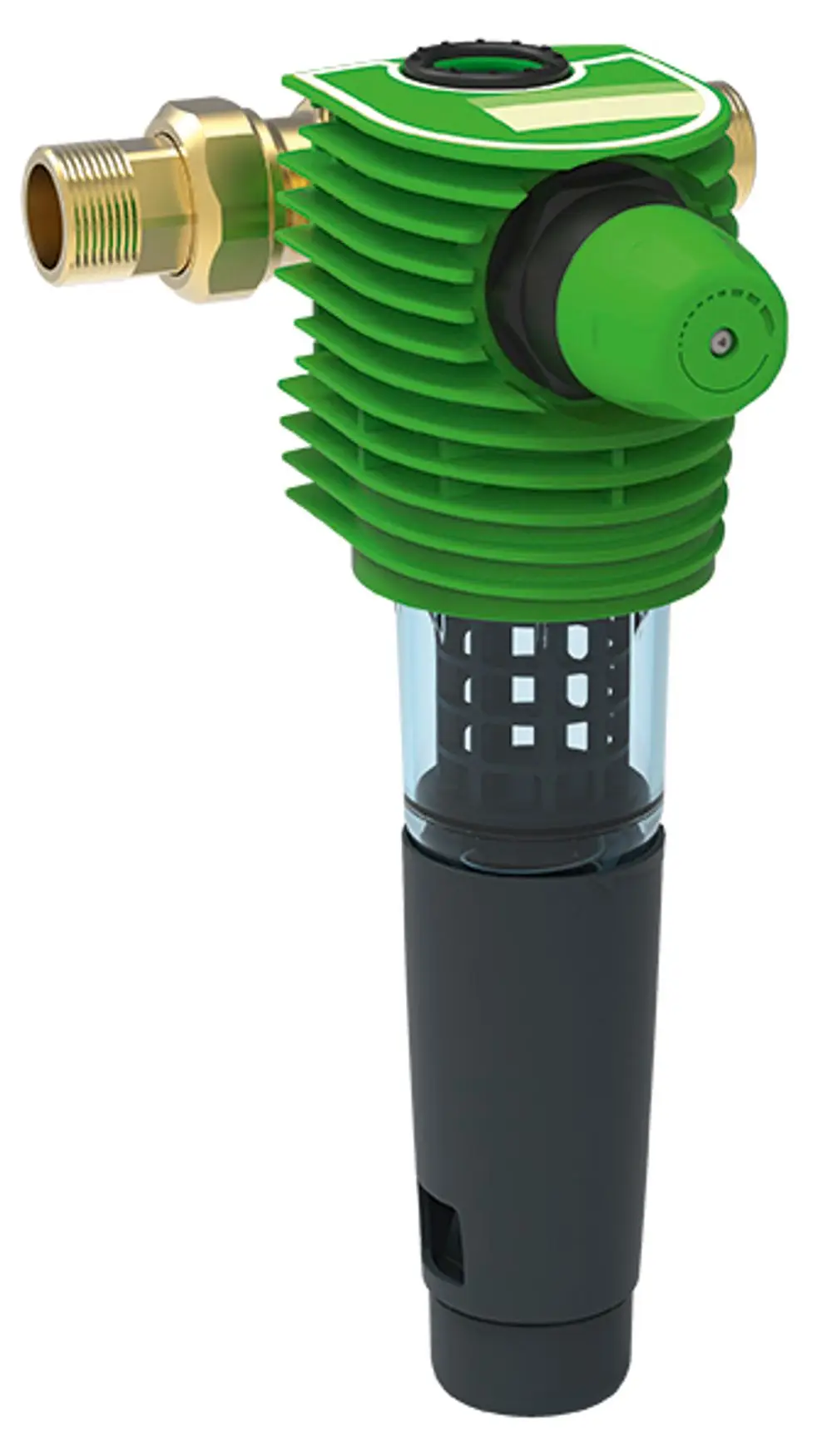 Rückspülfilter mit grünem Gehäuse und Sichtfenster, produziert von Grünbeck. Anschlüsse und Filterelement zur Wasserfiltration sichtbar.